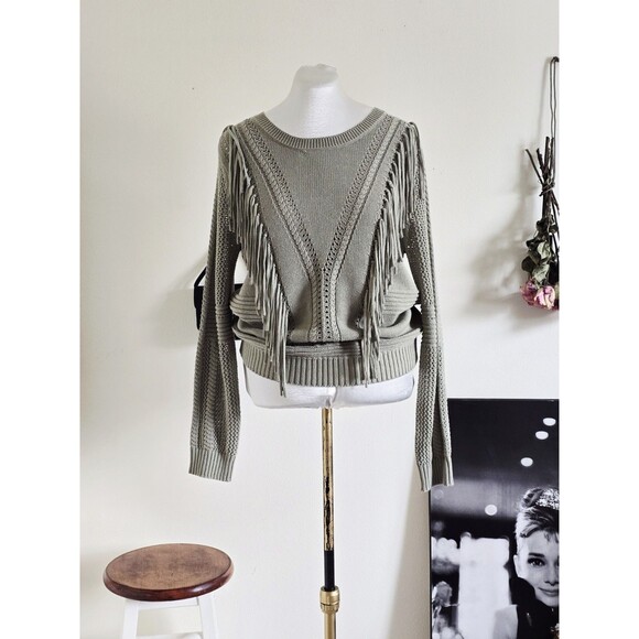 One A Sweaters - One A Sage Pastel Green Fringe Knit Sweater Spring Boho XL